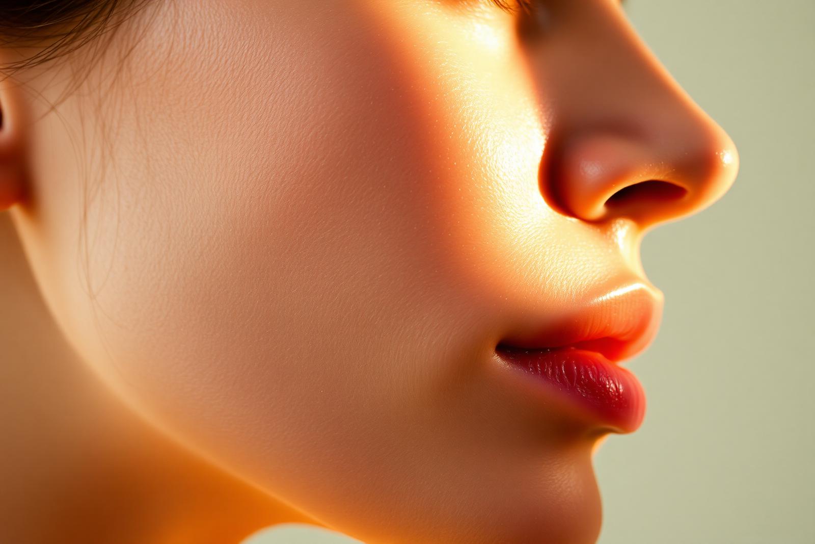 Perfil suave em luz dourada destacando pele luminosa — composição editorial de avaliação estética integrativa
