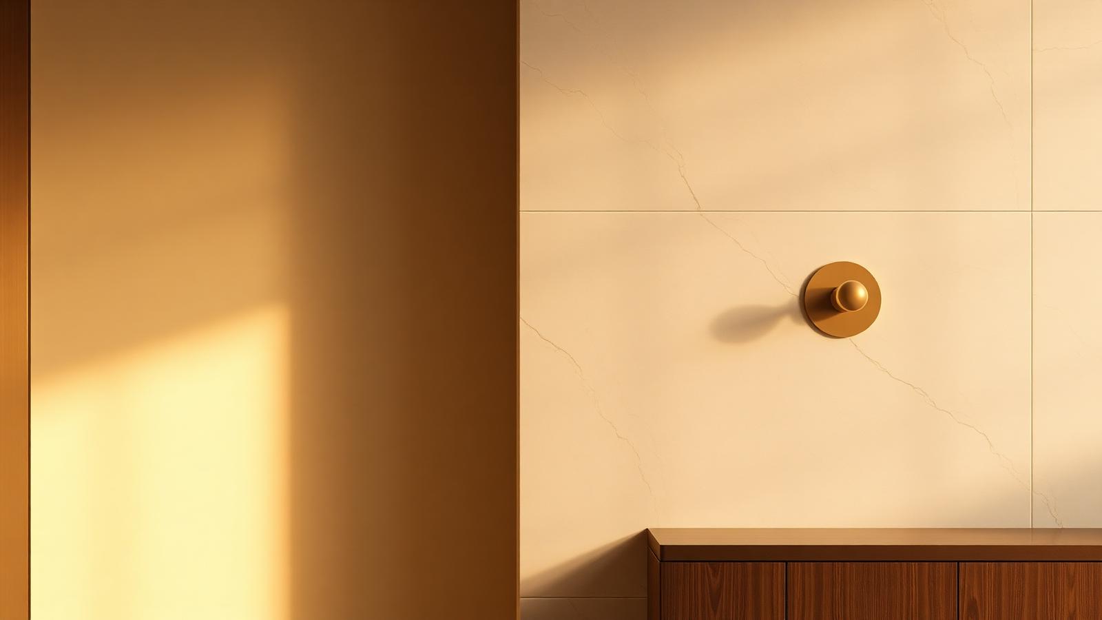 Detalhe arquitetônico em travertino ivory e latão dourado — ambiente clínico contemplativo