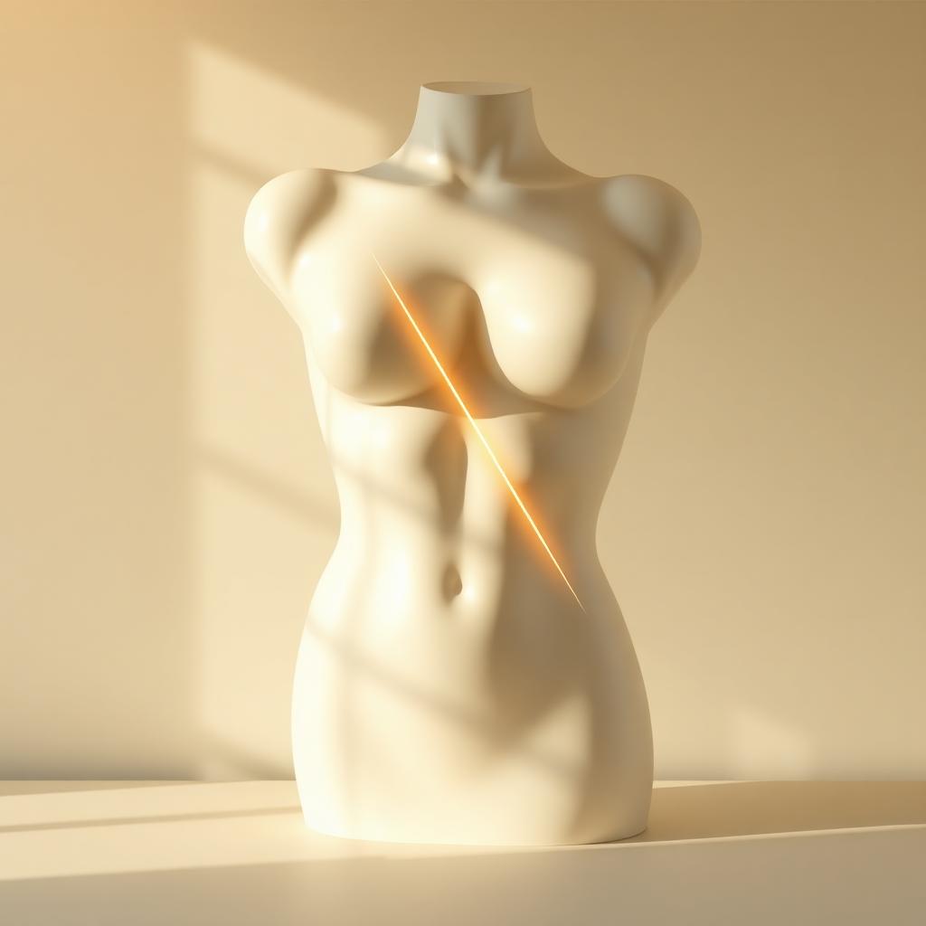 Escultura ivory de torso com feixe dourado atravessando — composição editorial abstrata de laser subdérmico