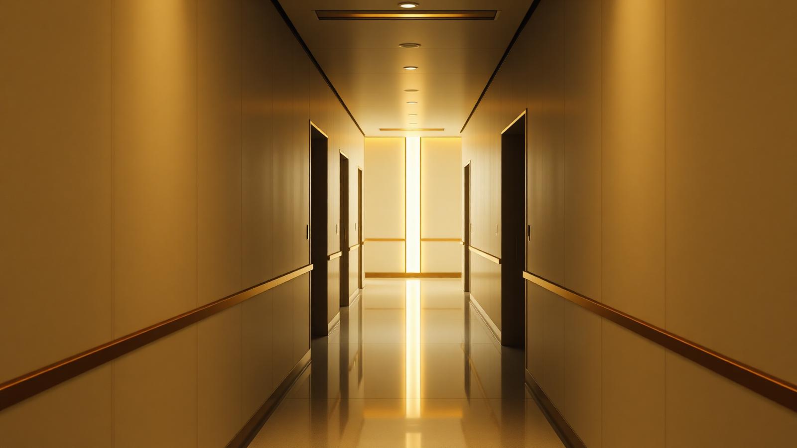 Corredor arquitetônico em ivory com detalhe em latão e feixe vertical de luz dourada — fotografia editorial minimalista