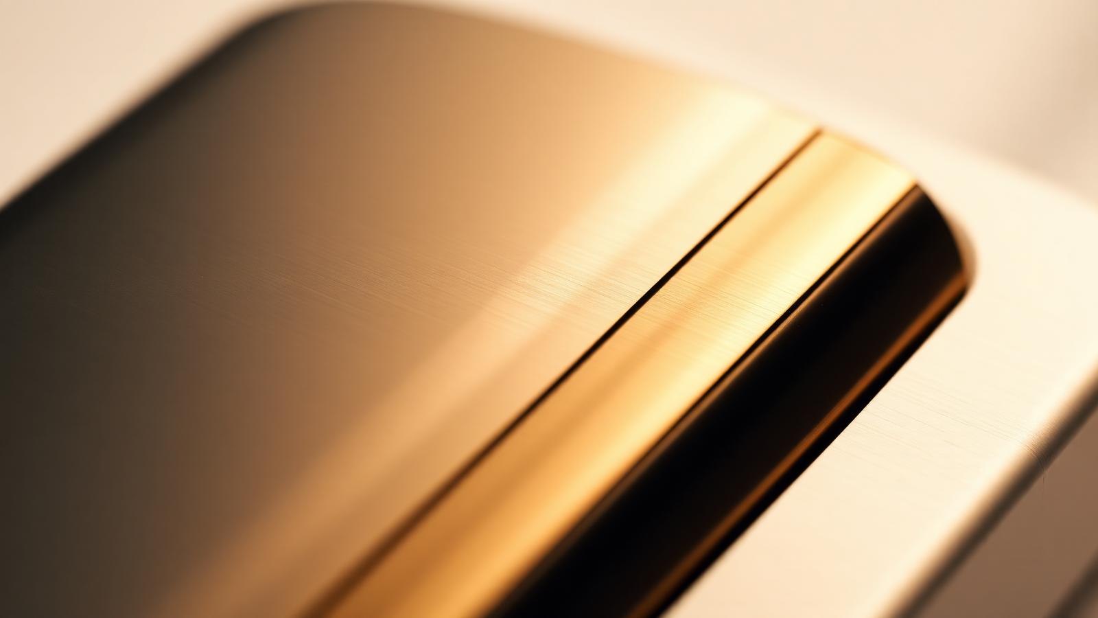 Superfície escovada em latão dourado e metal fosco capturada em luz suave — detalhe editorial de tecnologia