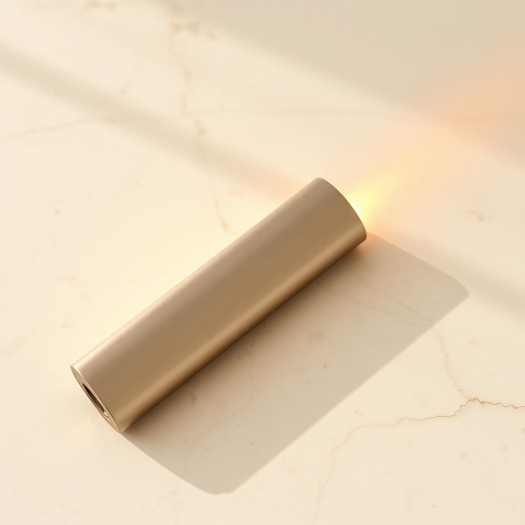Dispositivo metálico escovado sobre travertino ivory com feixe dourado — composição editorial de laser subdérmico