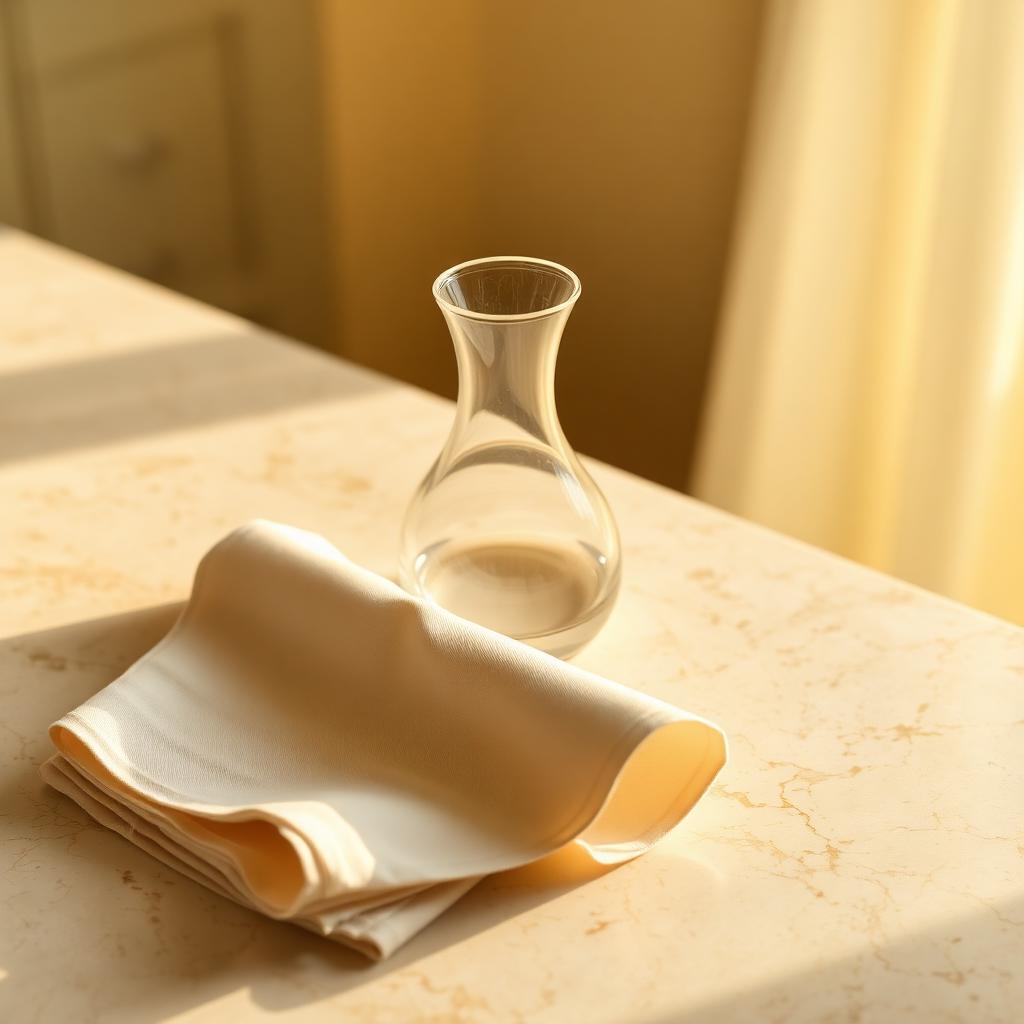 Carafe de vidro e guardanapo de linho ivory sobre travertino sob luz dourada — natureza-morta editorial de preparação