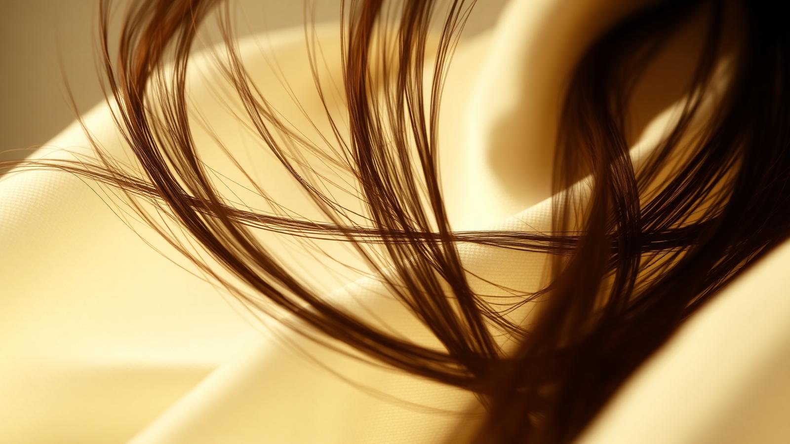 Macro editorial de fios de cabelo escuros sobre linho ivory sob luz lateral suave