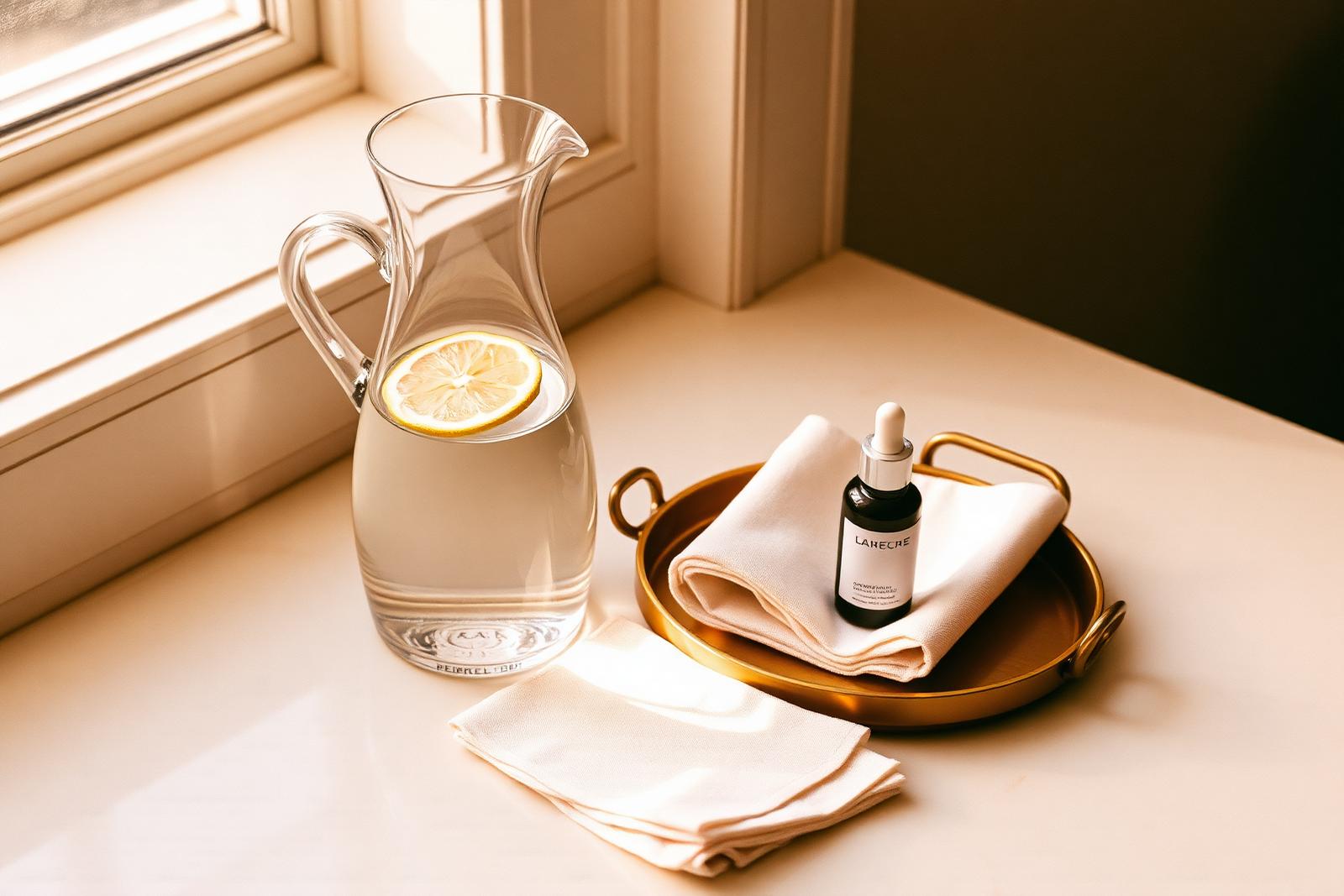 Carafe de vidro com água e limão ao lado de bandeja em latão com frasco de sérum sobre superfície ivory — natureza-morta editorial de preparação para avaliação