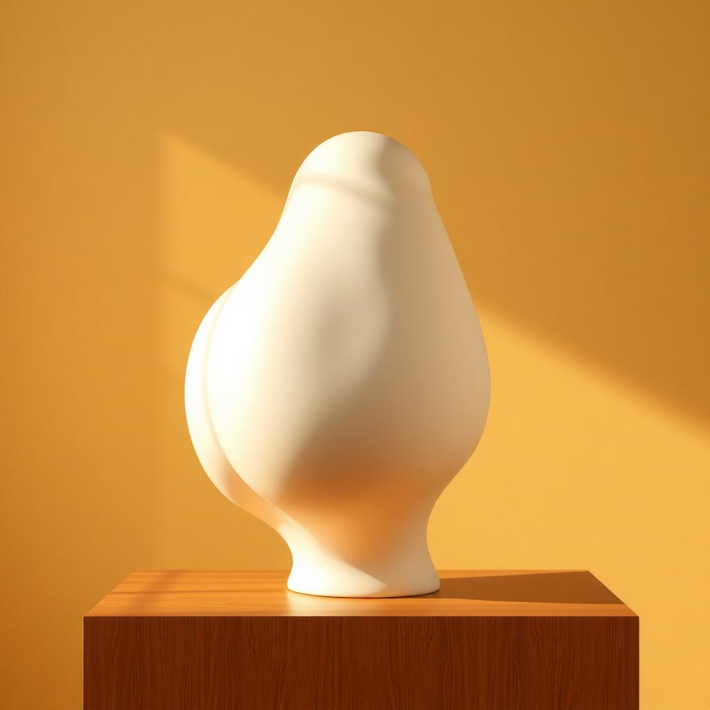 Escultura em gesso ivory de curva glútea sobre madeira cálida sob luz dourada — composição editorial de contorno